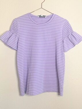 English Factory Lavender Stripe Ruffle Sleeve Top Small
